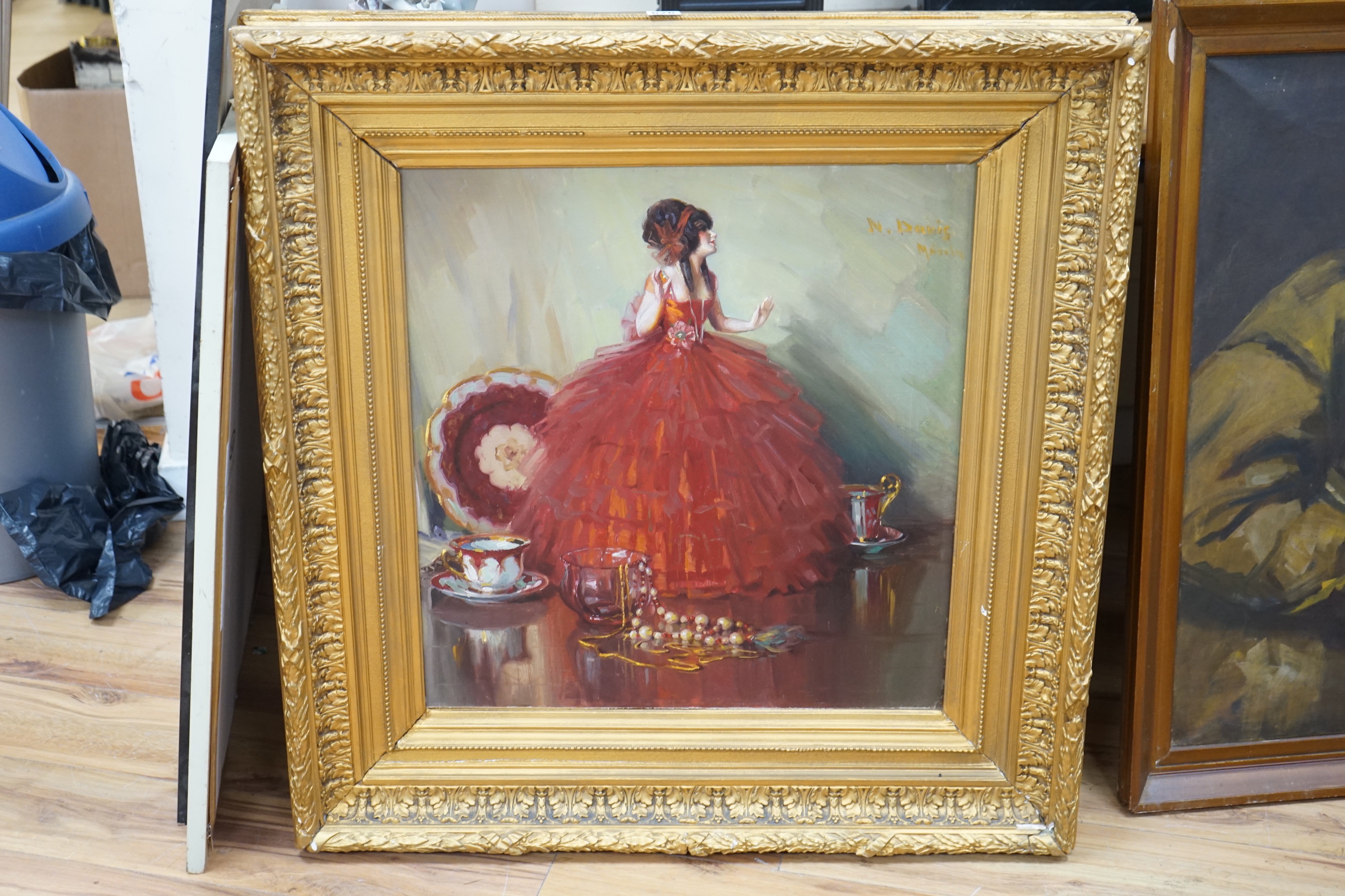 Manner of Herbert Davis Richter, oil on board, Still life with figurine of a dancer, signed 'N. Davis, Munchen', 59 x 56cm